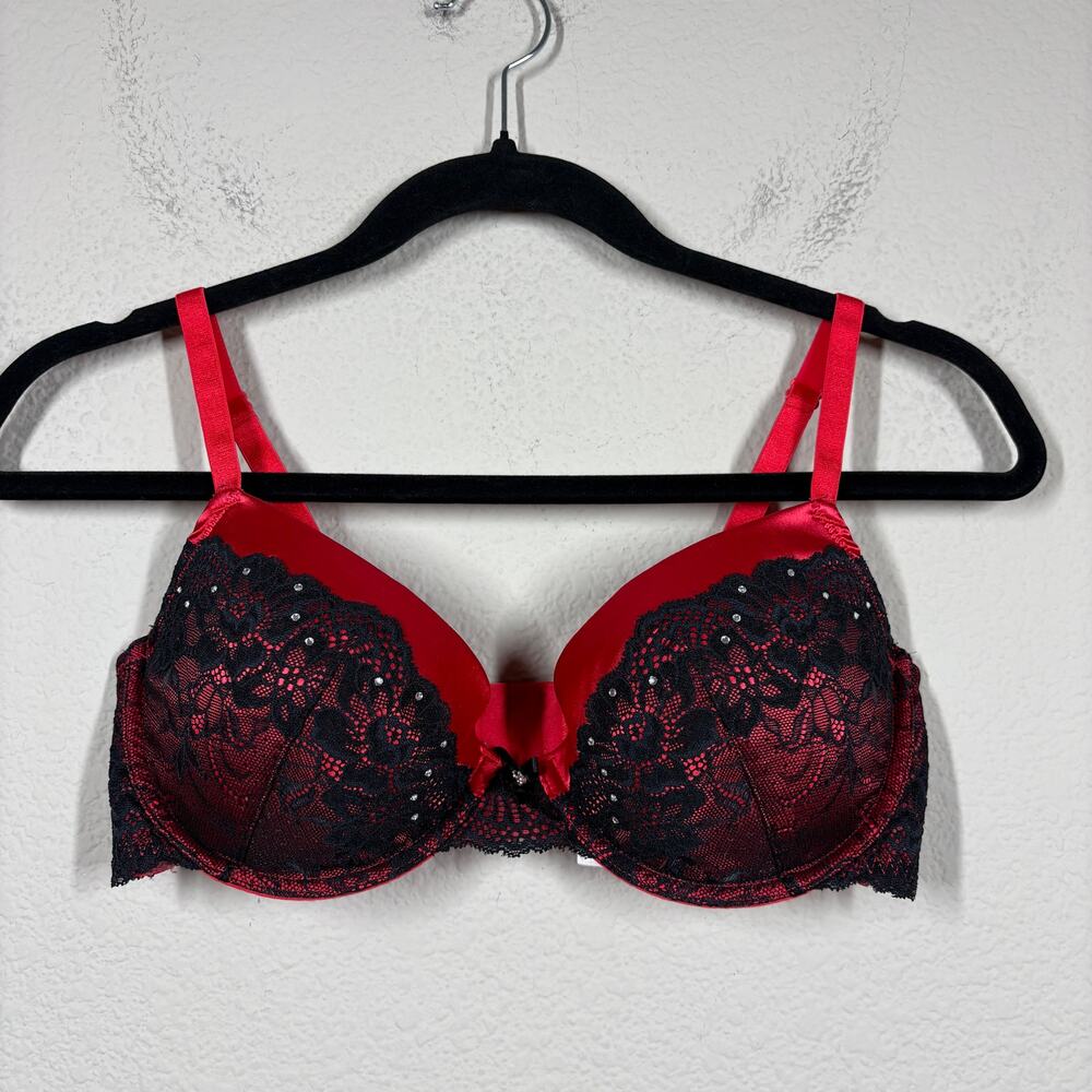 Gilligan & O'Malley Size 36D Bra Red Black Lace Rhinestone Bow Padded Wired